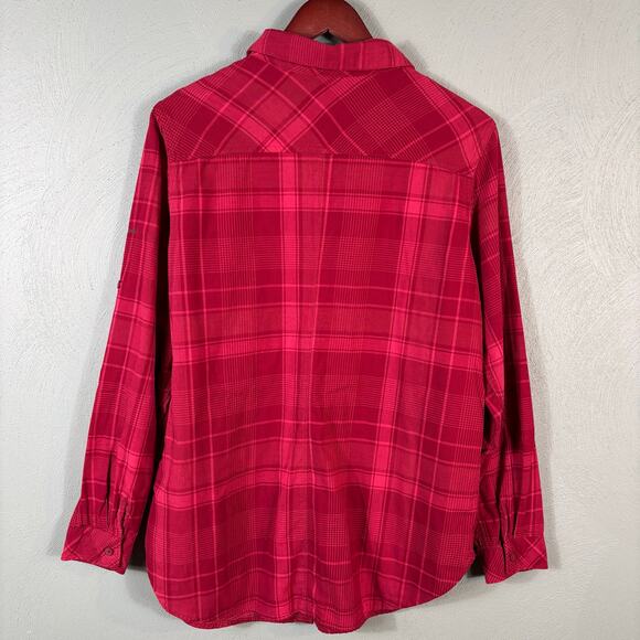 Columbia Womens Large Red Pink Plaid Cotton Button Up Roll Tab Long Sleeve Shirt - Picture 11 of 11